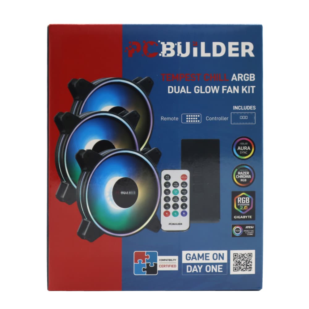PCBuilder Tempest Chill Fan Kit 3x120MM Dual Glow ARGB Fan + Controller + RF Remote image 2