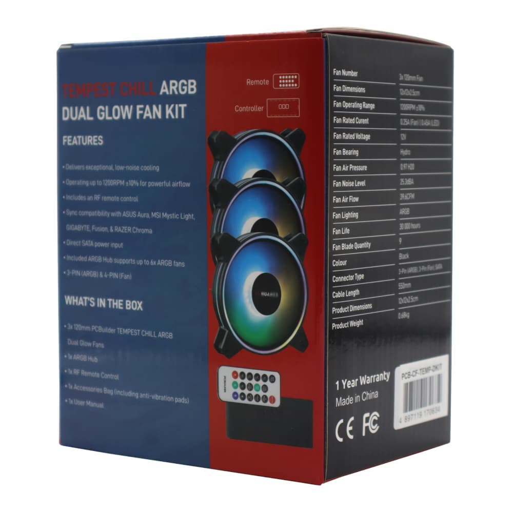 PCBuilder Tempest Chill Fan Kit 3x120MM Dual Glow ARGB Fan + Controller + RF Remote image 4
