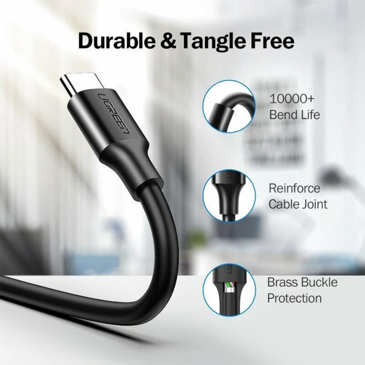 UGREEN Type-C to USB 3.0 Cable 2m – Fast Charging 3A, 5Gbps Sync – Black image 3